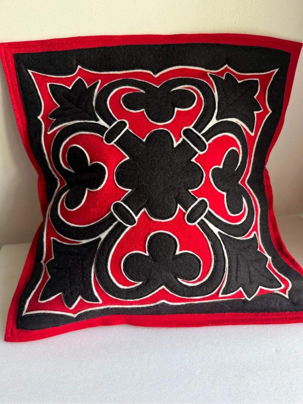Sandor Hungary Retired NOS Applique Black & Red Folk Art Wool Pillow Cover 18x18